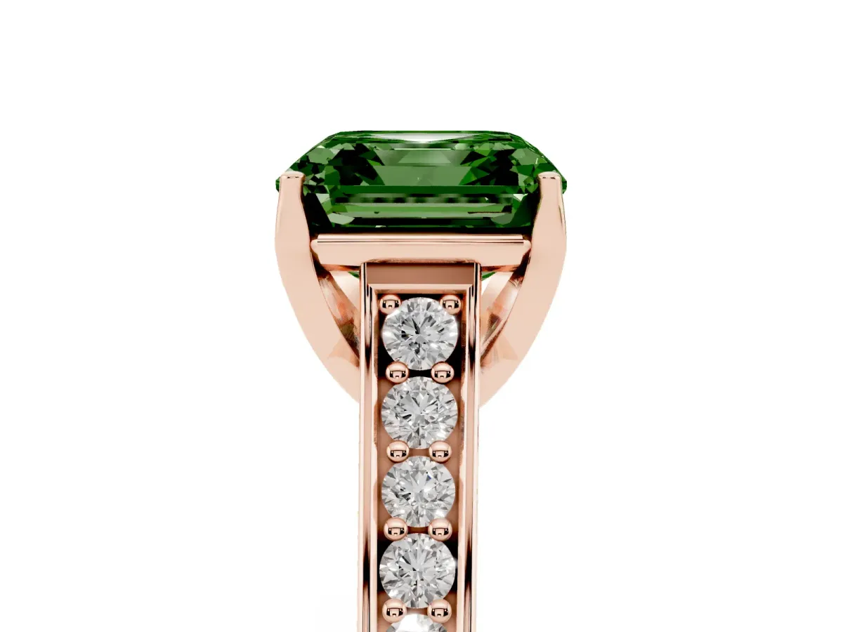 Fancy Green Asscher Cut Brilliant Cut Diamond Engagement Ring with Pavé Band and Four-Prong Setting Rose gold