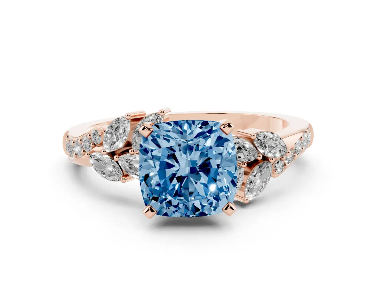 Fancy Blue Cushion Cut Solitaire Marquise Twist Band with Six-Prong Setting Rose gold