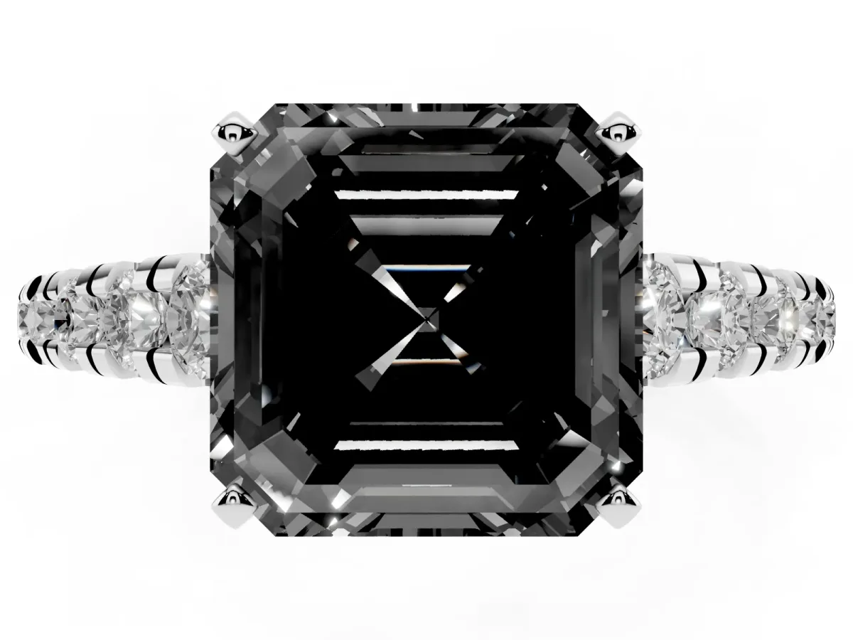 Fancy Black Asscher Cut Diamond Cathedral Solitaire Ring with Round Pavé Band Silver