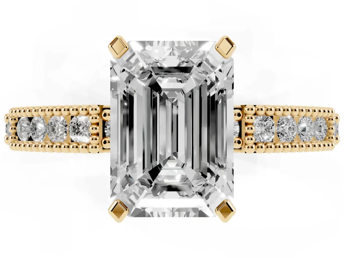 Emerald Cut Solitaire with Pavé Band and Four-Prong Setting Yellow gold
