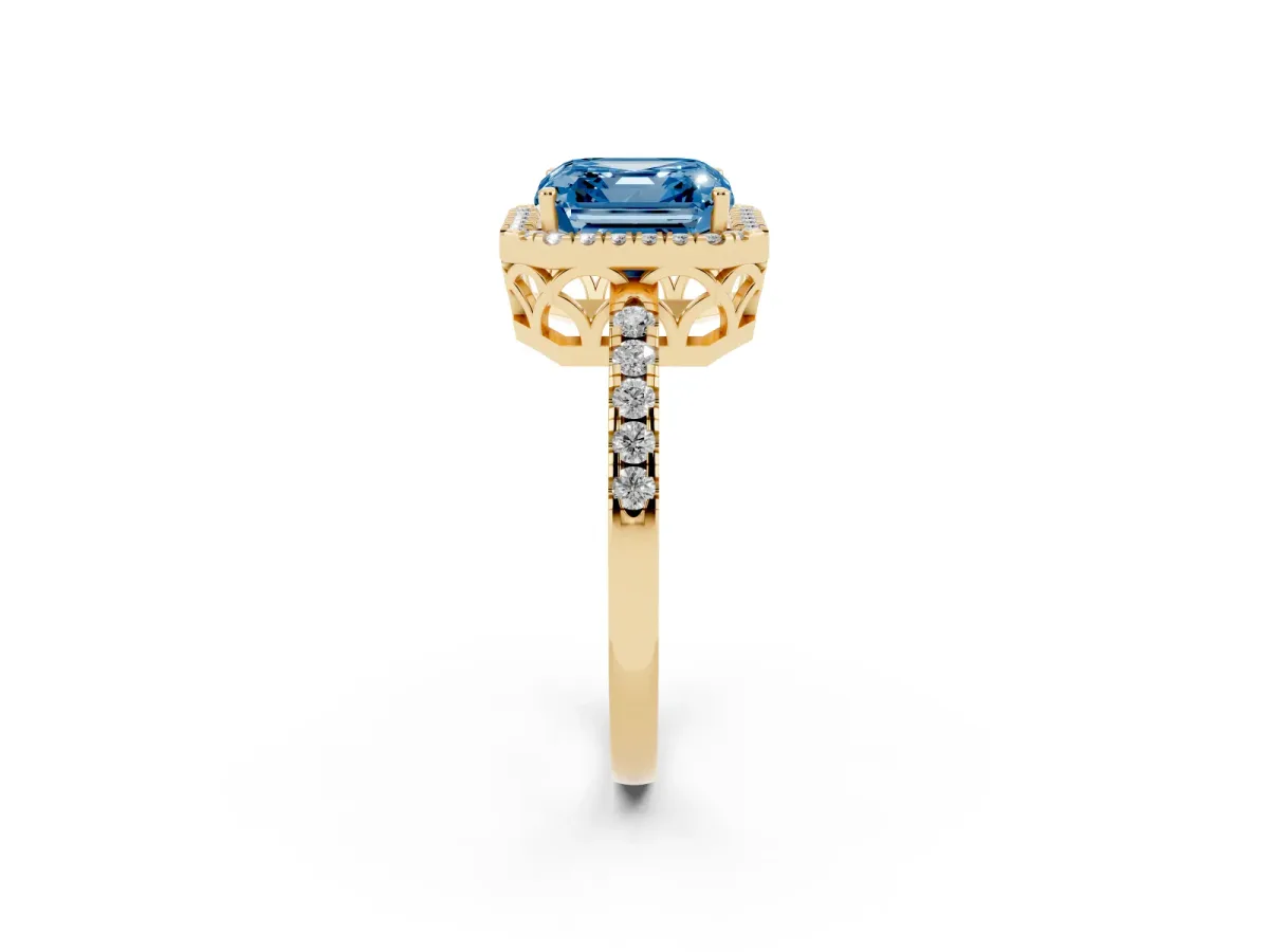 Fancy Blue Asscher Cut Halo Diamond Engagement Ring with Pavé Band and Four-Prong Setting Yellow gold