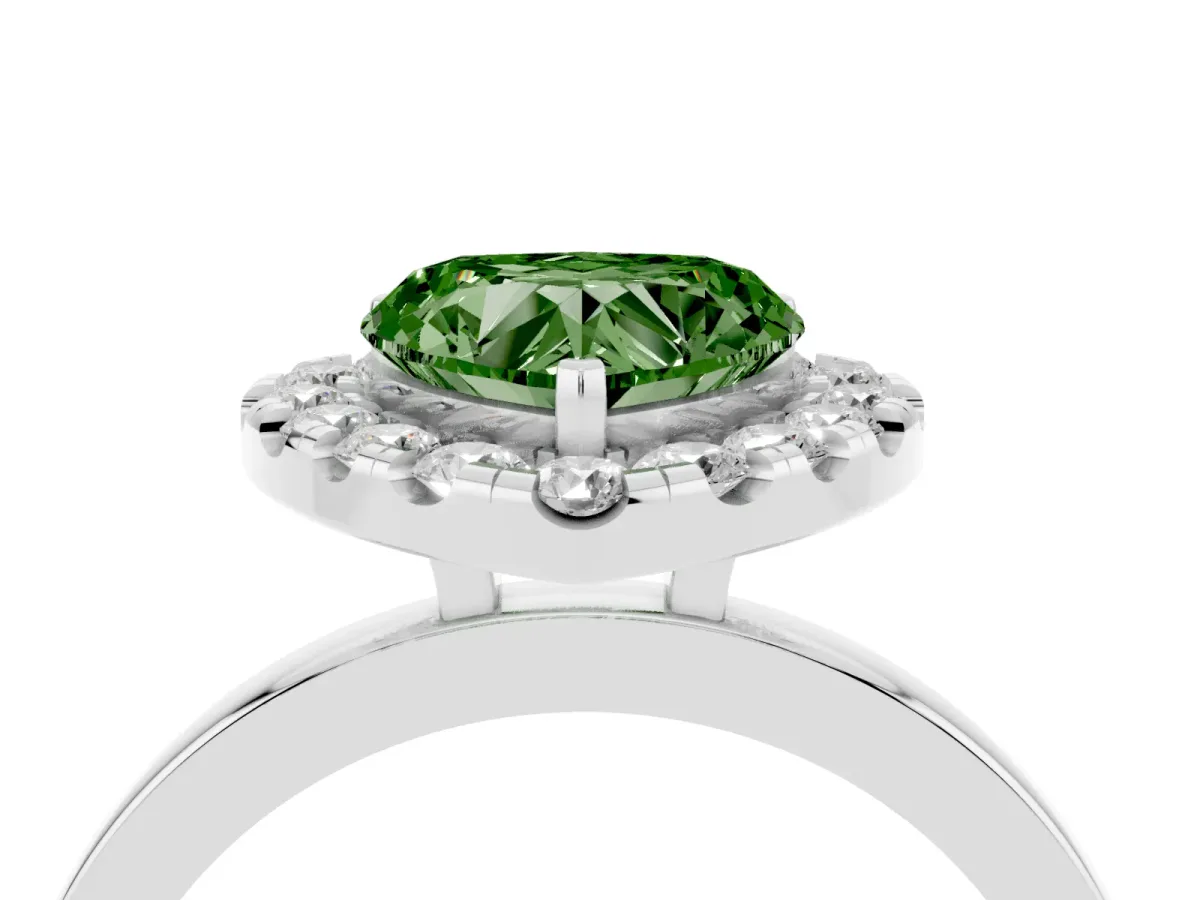 Fancy Green Heart Cut Halo Diamond Solitaire with Pavé Band and Four-Prong Setting Silver