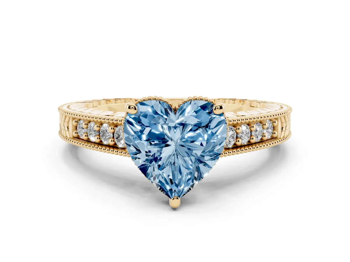 Fancy Blue Heart Cut Solitaire Pavé Diamond Milgrain Engagement Ring with Four-Prong Setting Yellow gold