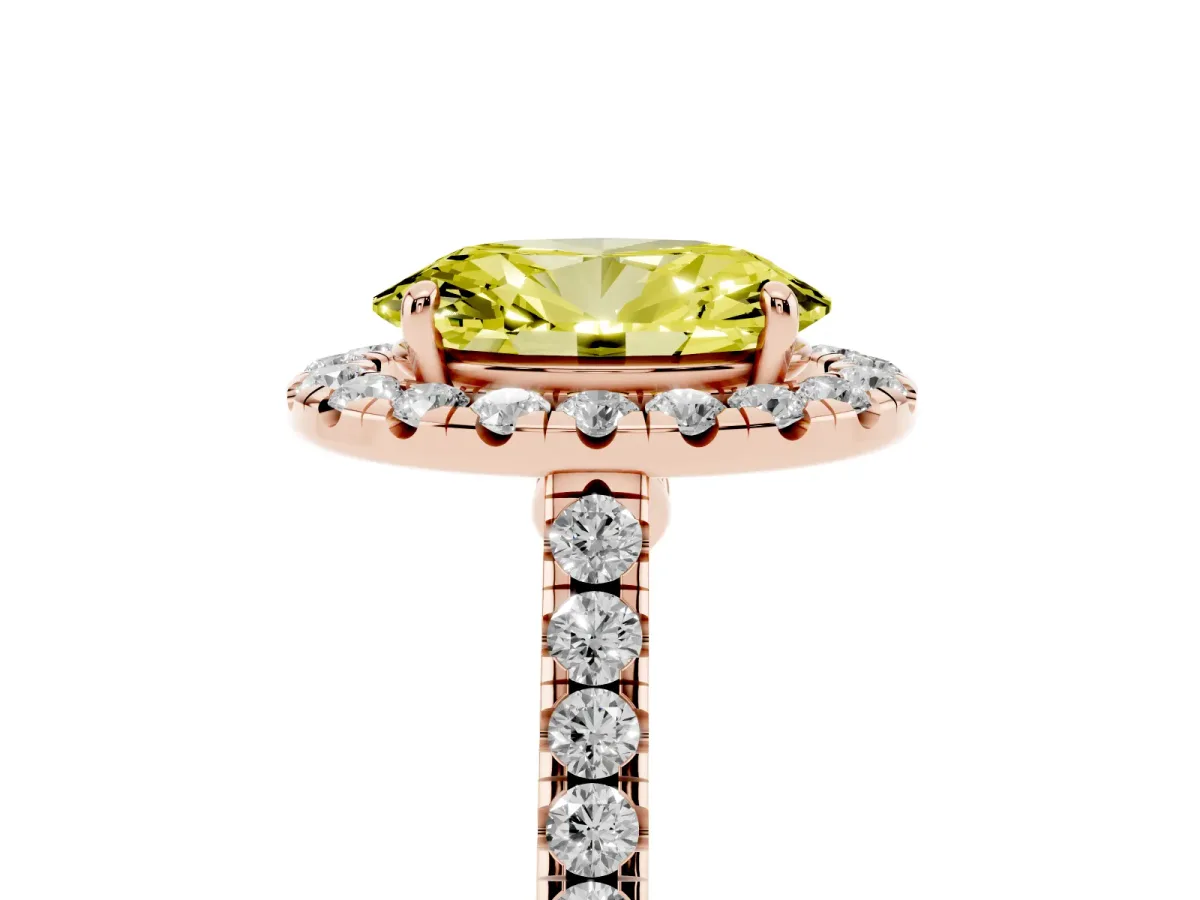 Fancy Yellow Oval Cut Halo Pave Diamond Engagement Ring with Four-Prong Setting Rose gold