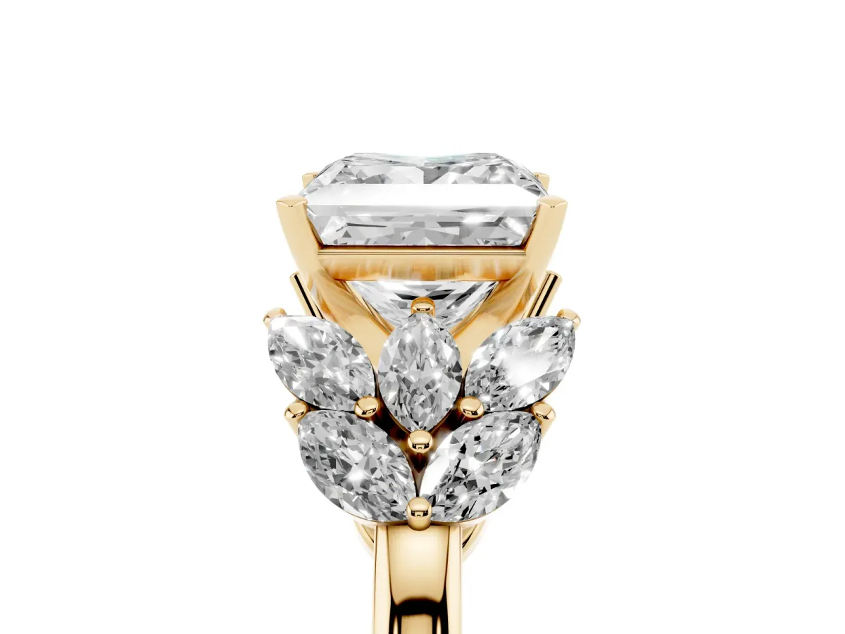 Princess Cut Diamond Cluster Leaf Design Ring with Prong Setting Yellow gold