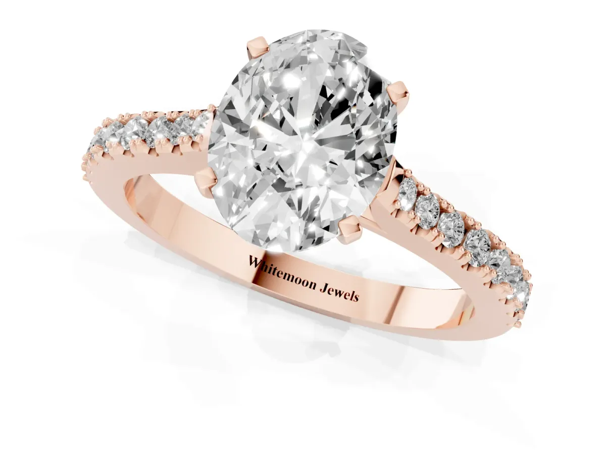 Oval Cut Cut Solitaire Diamond Engagement Ring with Pave Band and Four-Prong Setting Rose gold