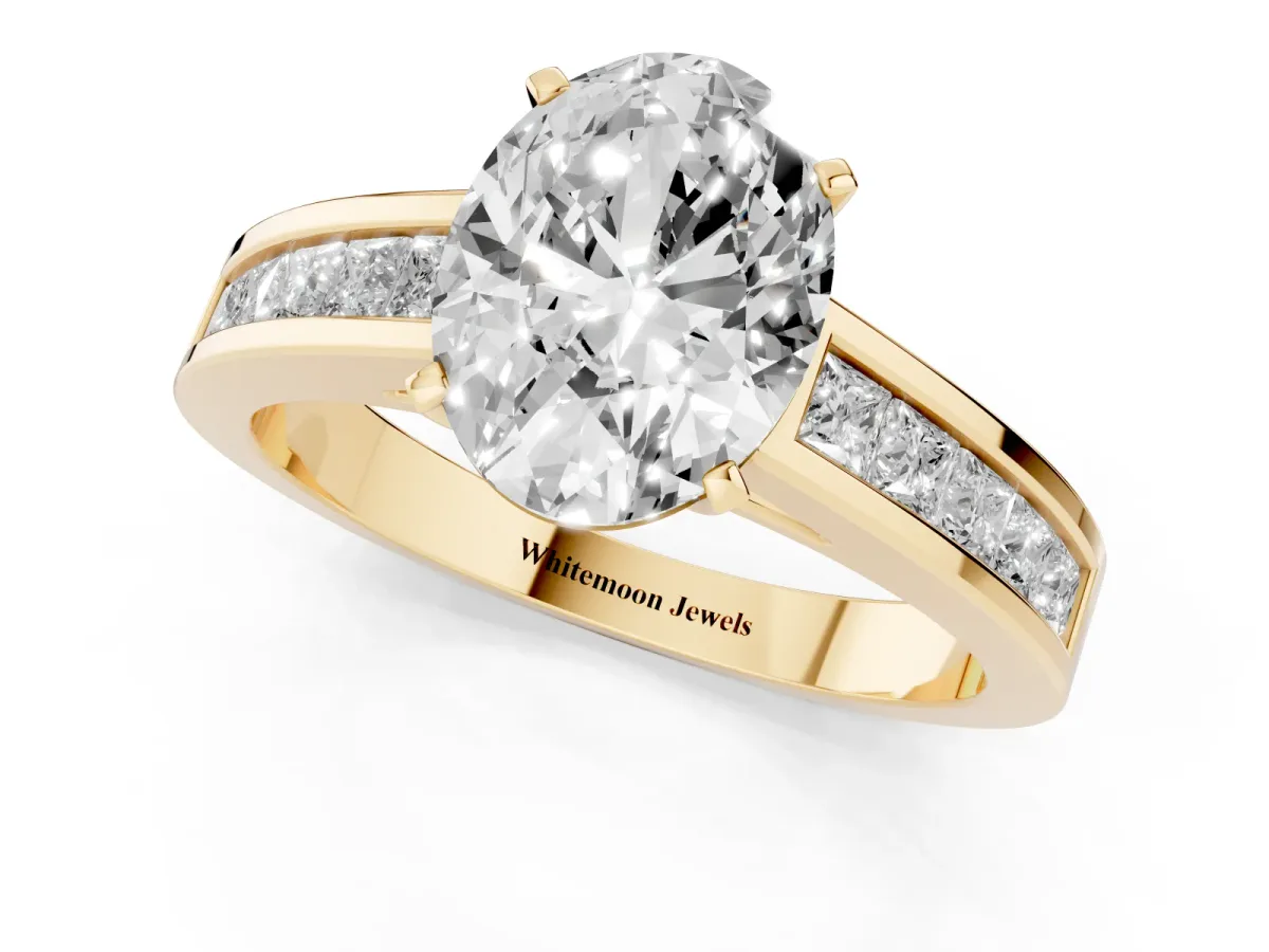Oval Cut Solitaire Diamond Ring with Channel-Set Band and Four-Prong Setting Yellow gold