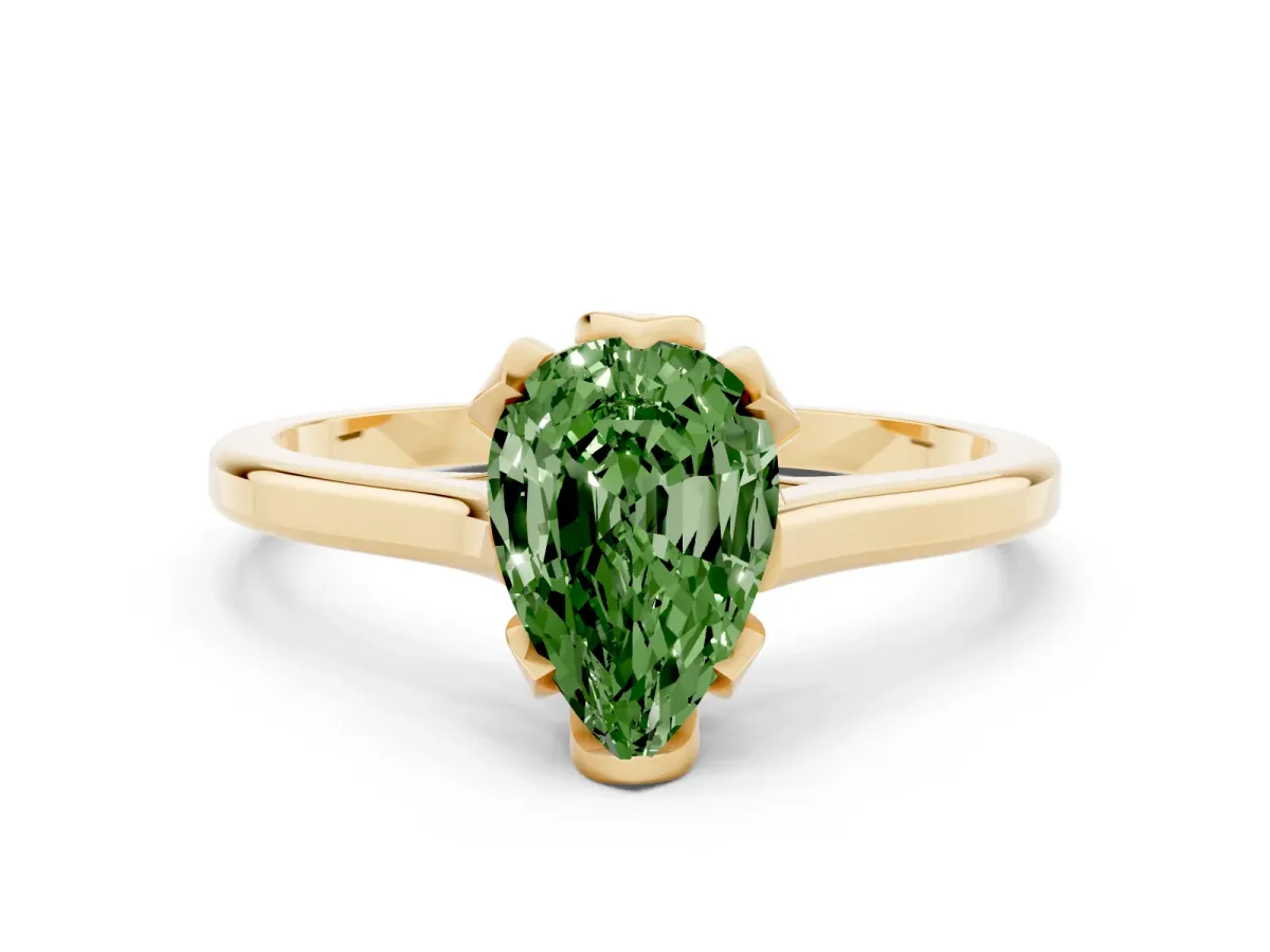 Fancy Green Pear Cut Diamond Solitaire Ring with Flower Prong Setting and Classic Band Yellow gold