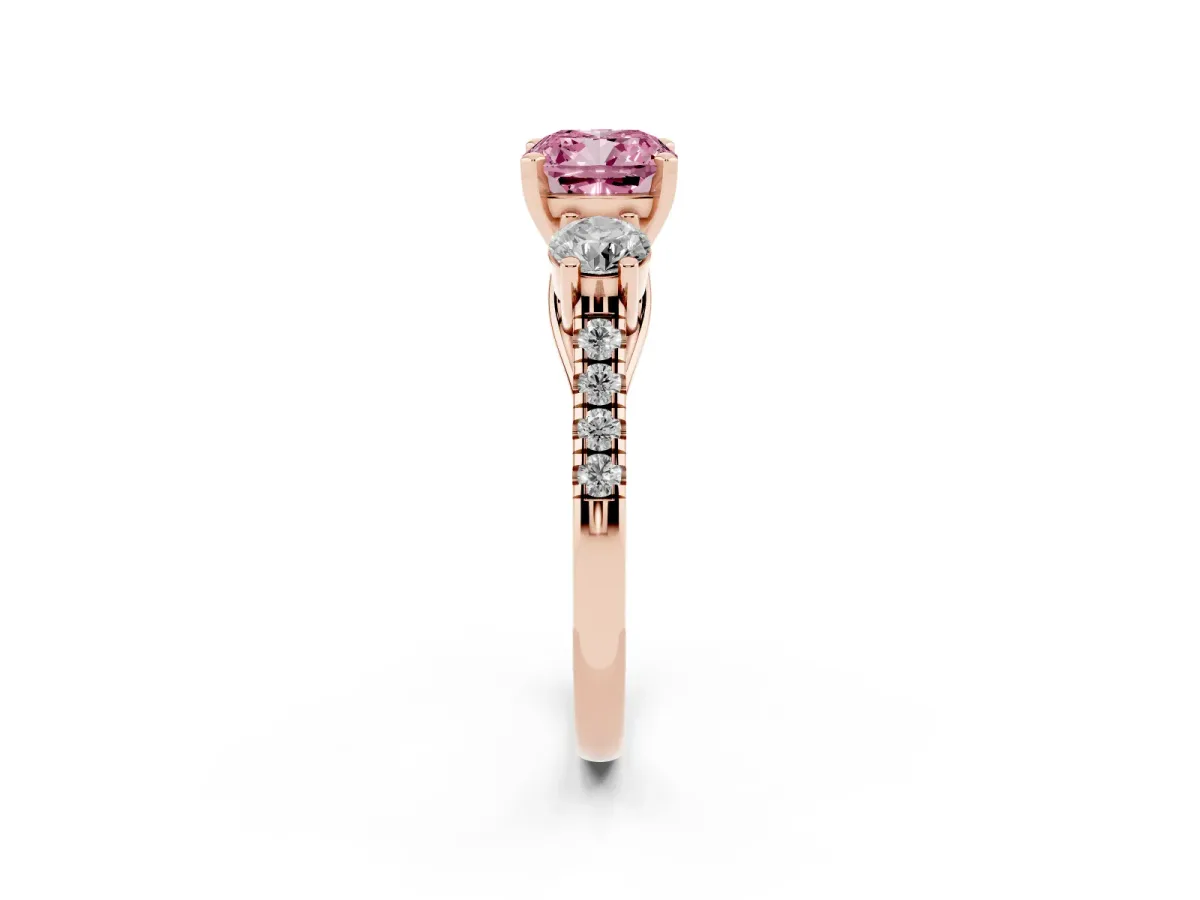 Fancy Pink Three-Stone Cushion Cut Diamond Pavé Band with Four-Prong Setting Rose gold