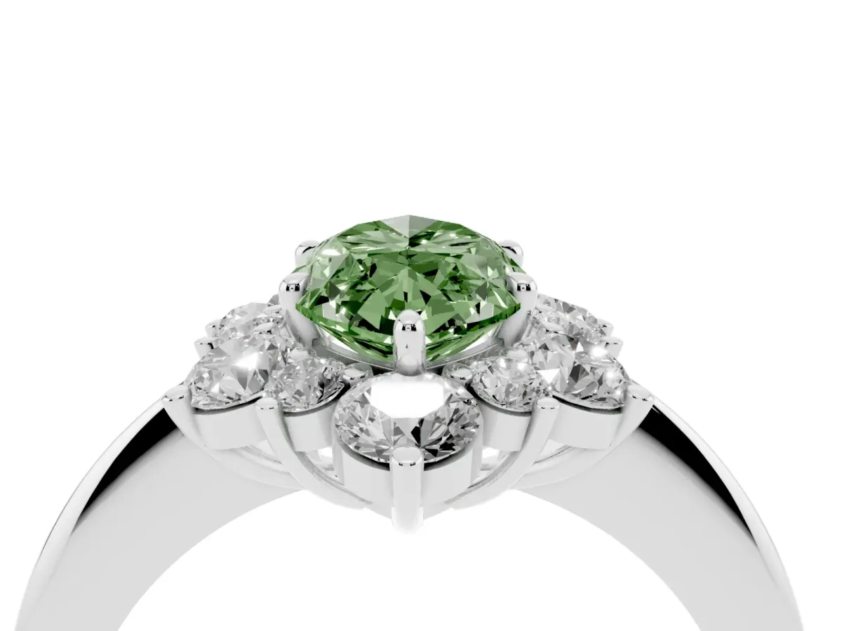 Fancy Green Marquise Cut Diamond Cluster Halo Ring with Solitaire Band and Four-Prong Setting Platinum