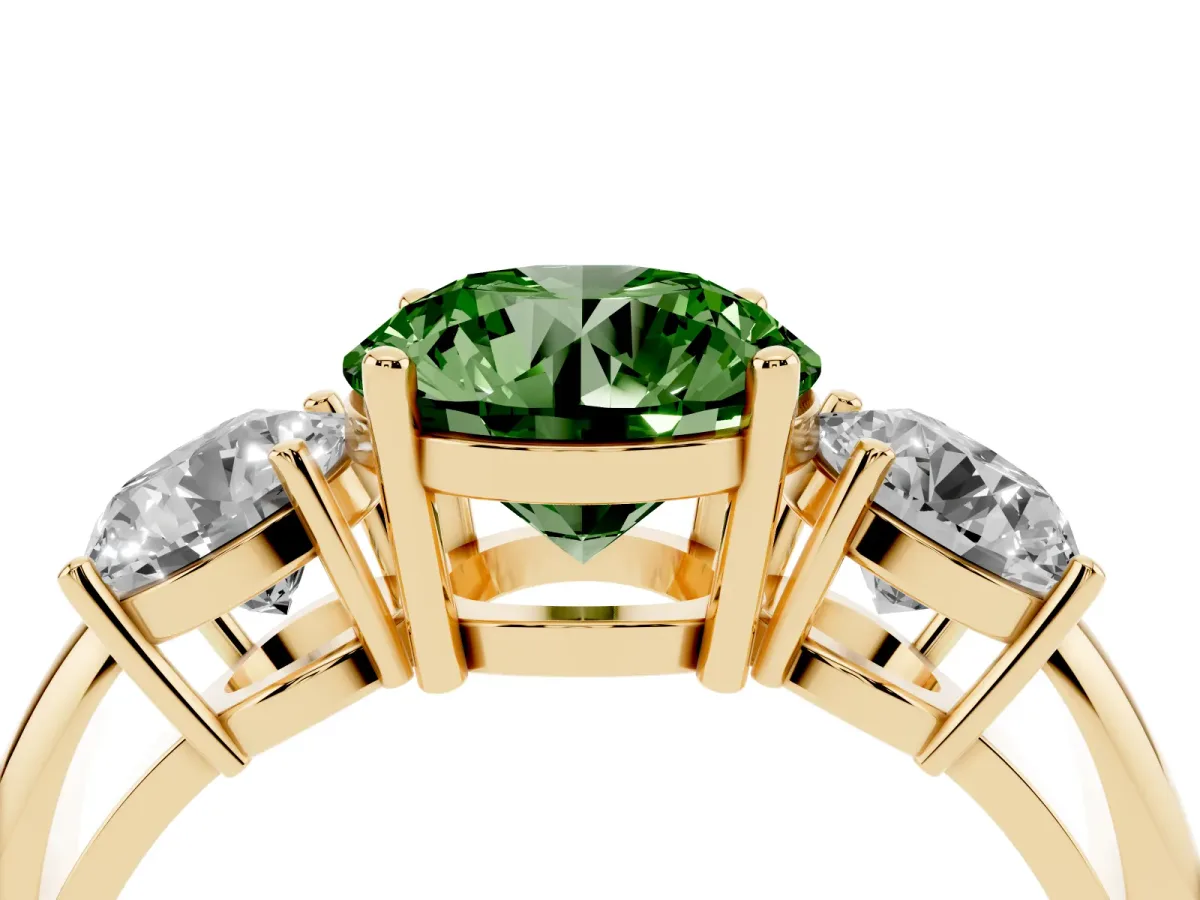 Fancy Green Three-Stone Round Cut Cut Diamond Engagement Ring with Prong Setting on a White Gold Band Yellow gold