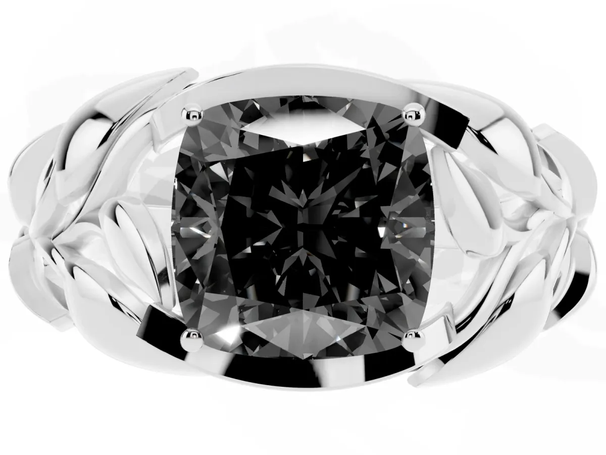 Fancy Black Cushion Cut Diamond Leaf-Inspired Engagement Ring with Round Accents and Prong Setting White gold