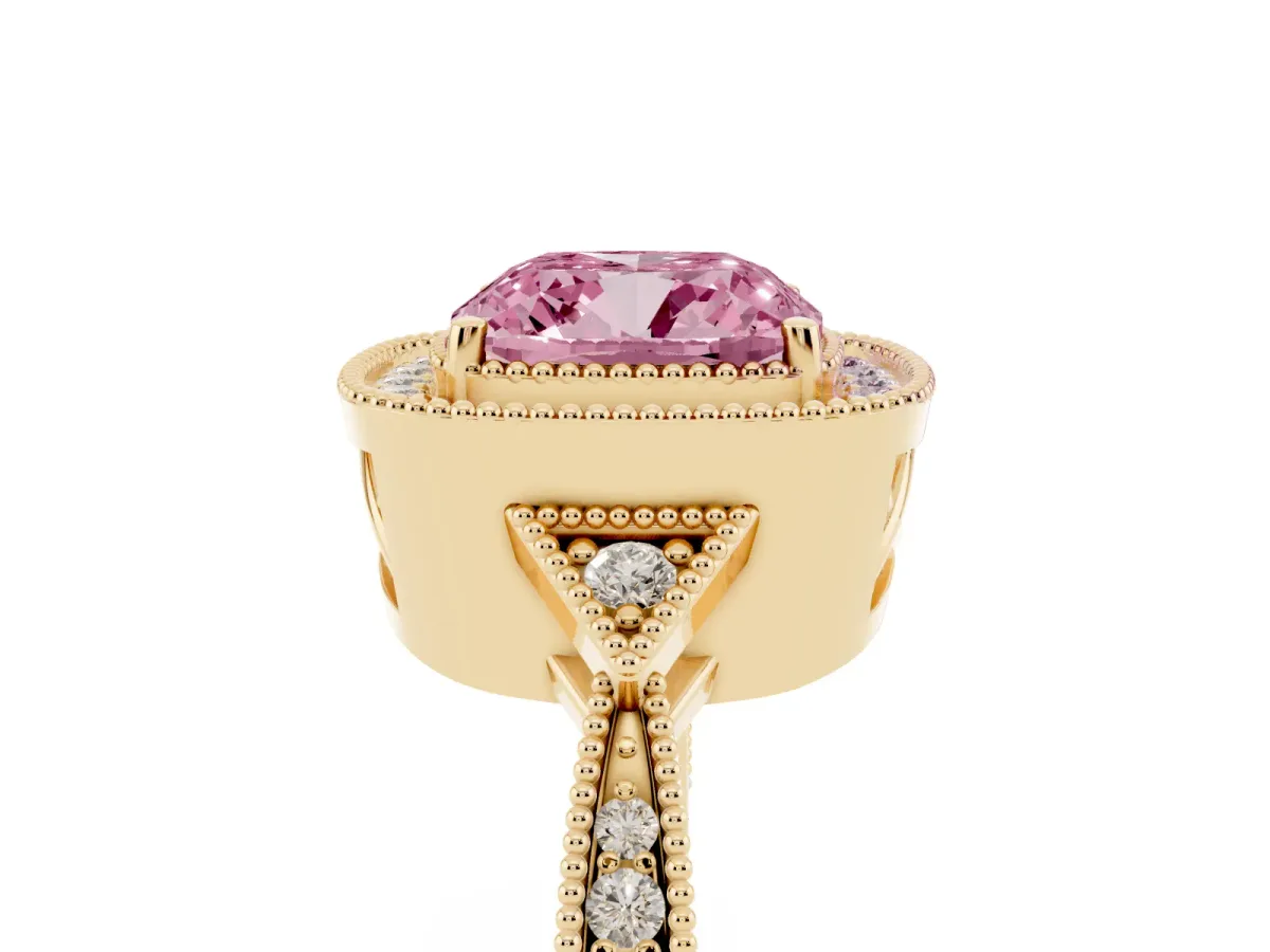 Fancy Pink Cushion Cut Halo Round Diamond Milgrain Pave Engagement Ring Yellow gold