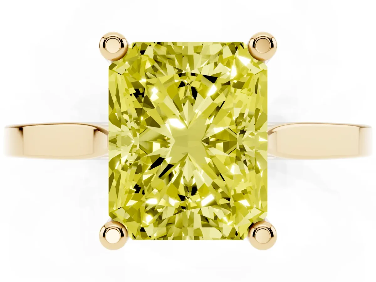 Fancy Yellow Radiant Cut Solitaire Diamond Ring with Four-Prong Setting and Tapered Band Yellow gold