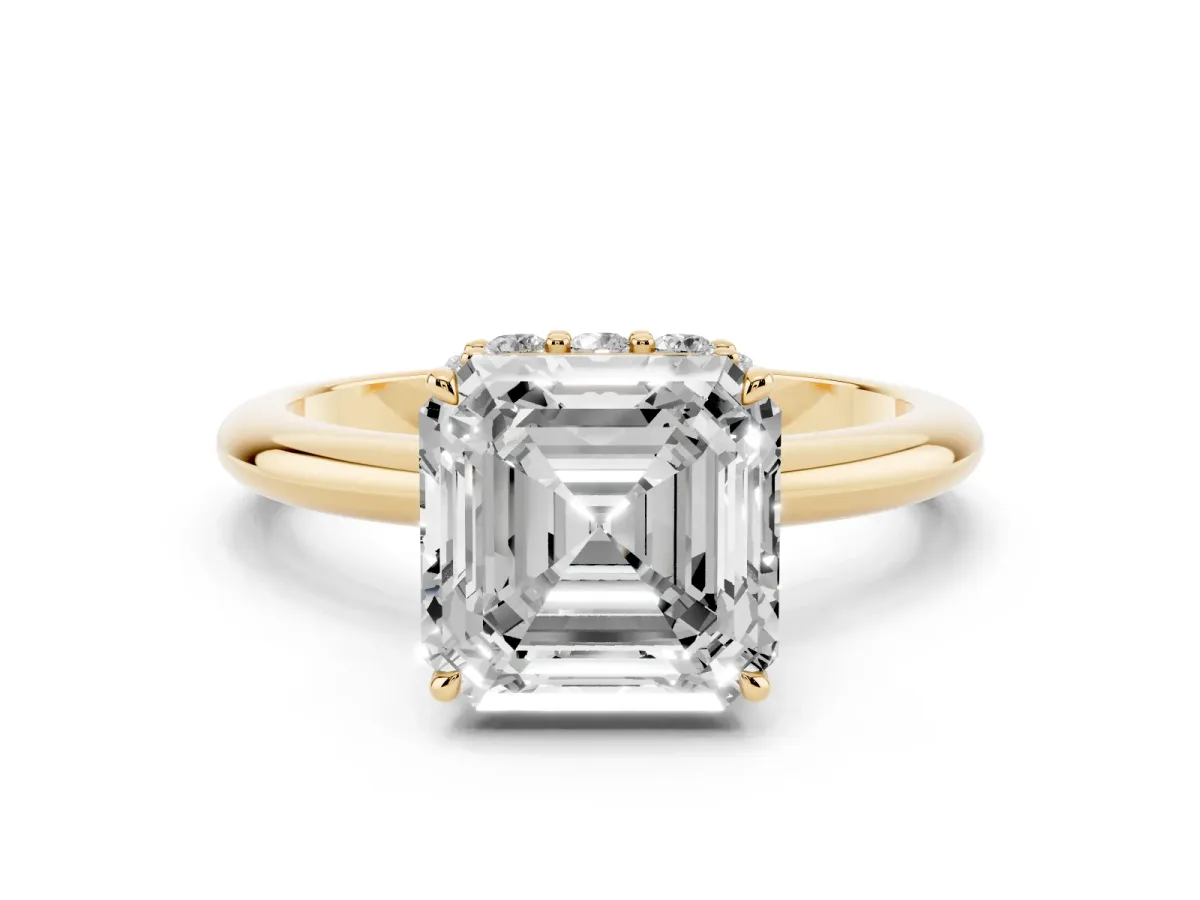 Asscher Cut Brilliant Solitaire Engagement Ring with Six-Prong Setting and Classic Band Yellow gold