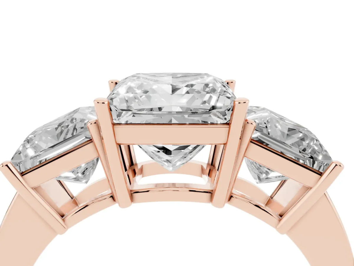Three-Stone Princess Cut Cut Diamond Engagement Ring with Flat Band and Four-Prong Setting Rose gold