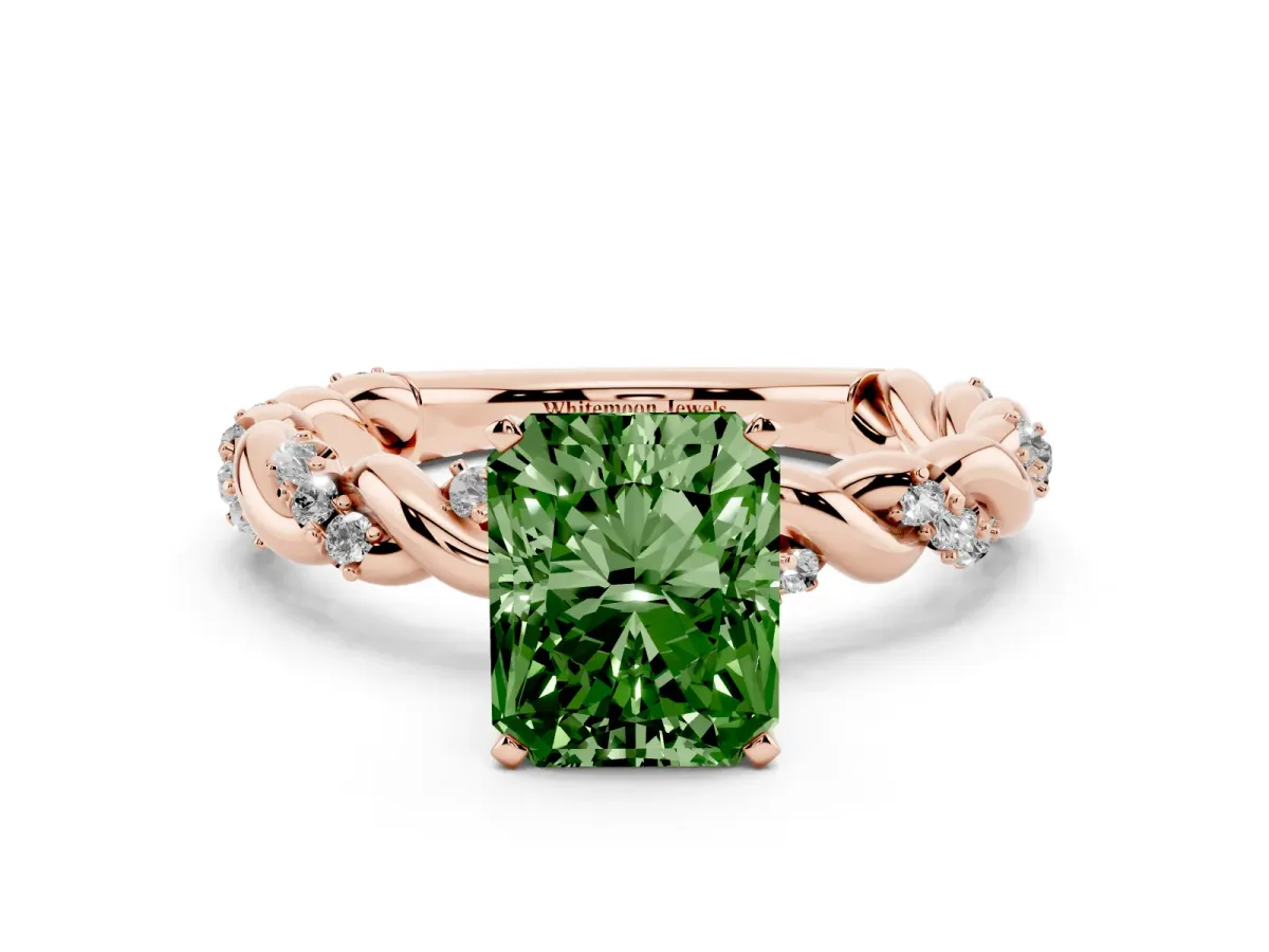 Fancy Green Radiant Cut Diamond Solitaire Ring with Twisted Band and Pavé Accents Rose gold