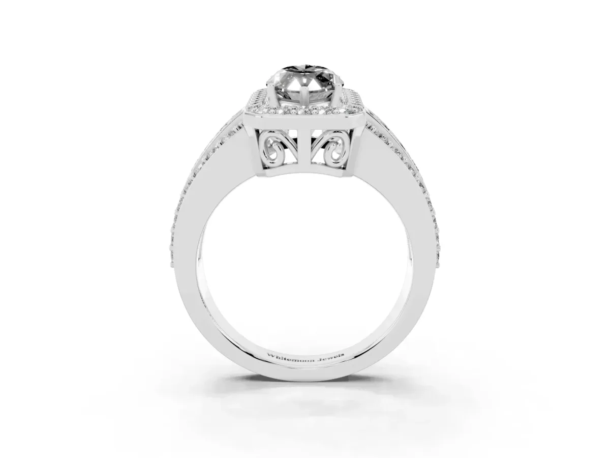 Fancy Black Marquise Cut Halo Diamond Ring with Round Split Shank and Prong Setting Platinum
