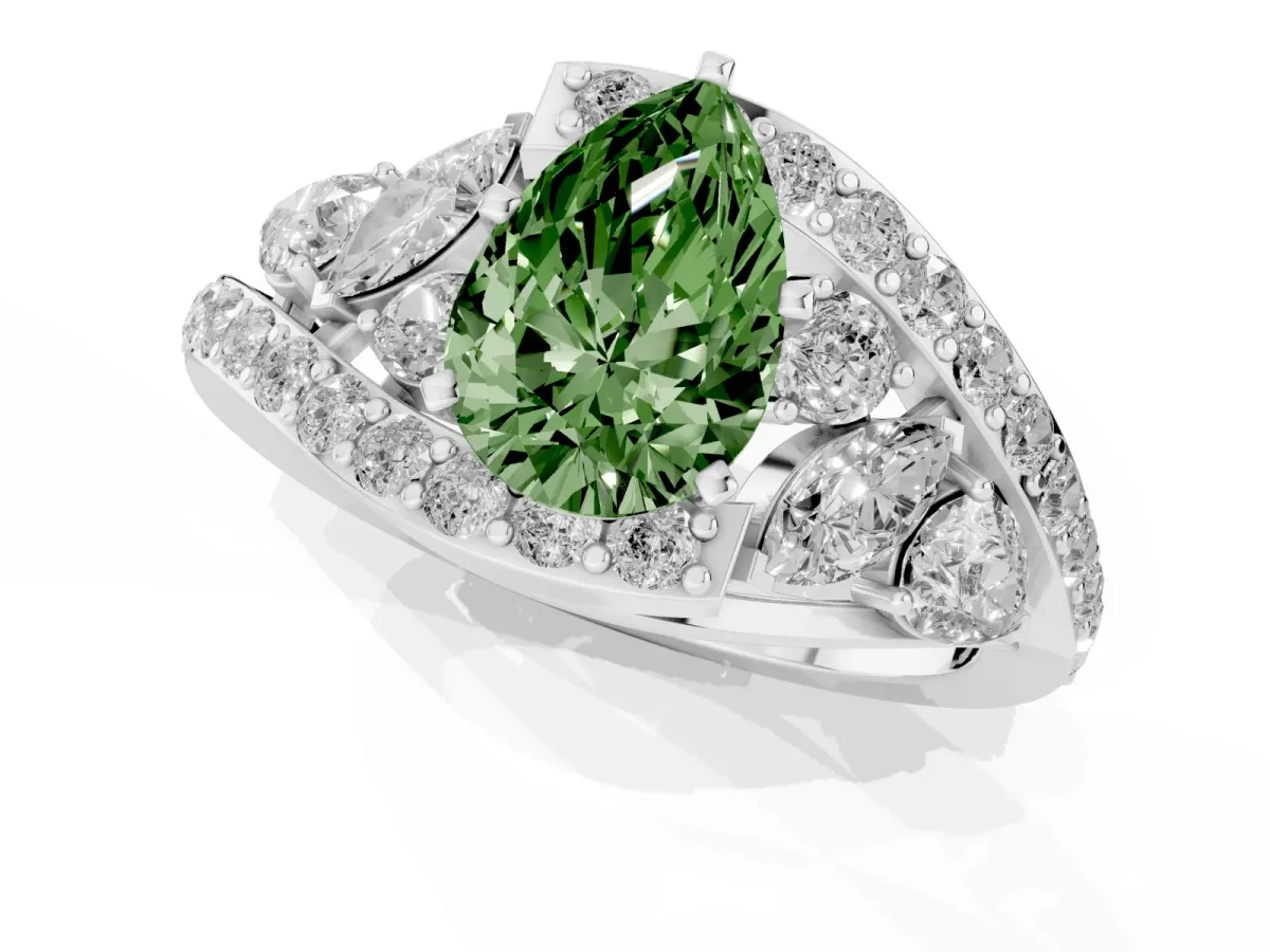 Fancy Green Pear Cut Diamond Halo Ring with Marquise and Pavé Band in Prong Setting Silver