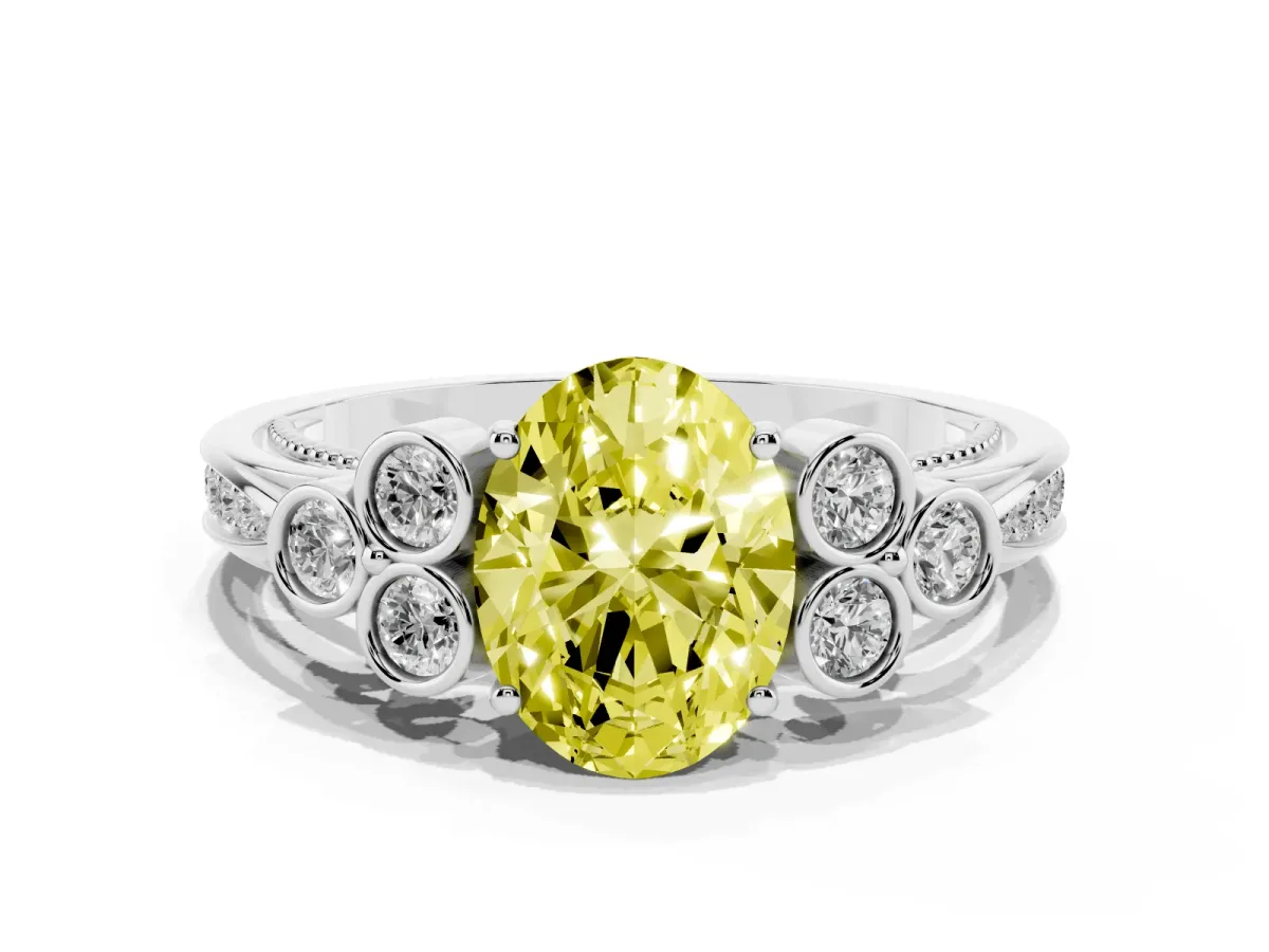 Fancy Yellow Oval Cut Cut Diamond Engagement Ring with Bezel Set Round Side Stones and Prong Setting Silver