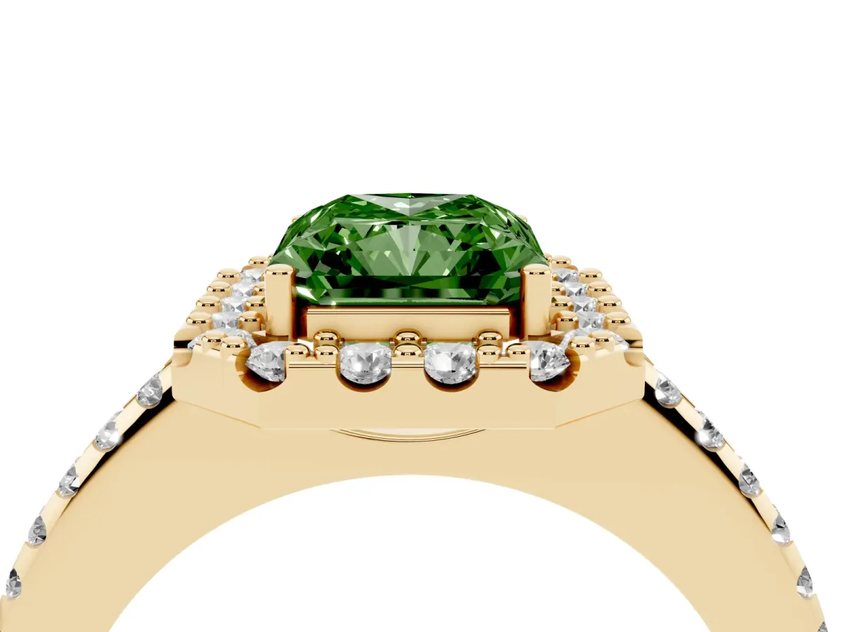 Fancy Green Radiant Cut Diamond Pavé Halo Ring with Four-Prong Setting Yellow gold