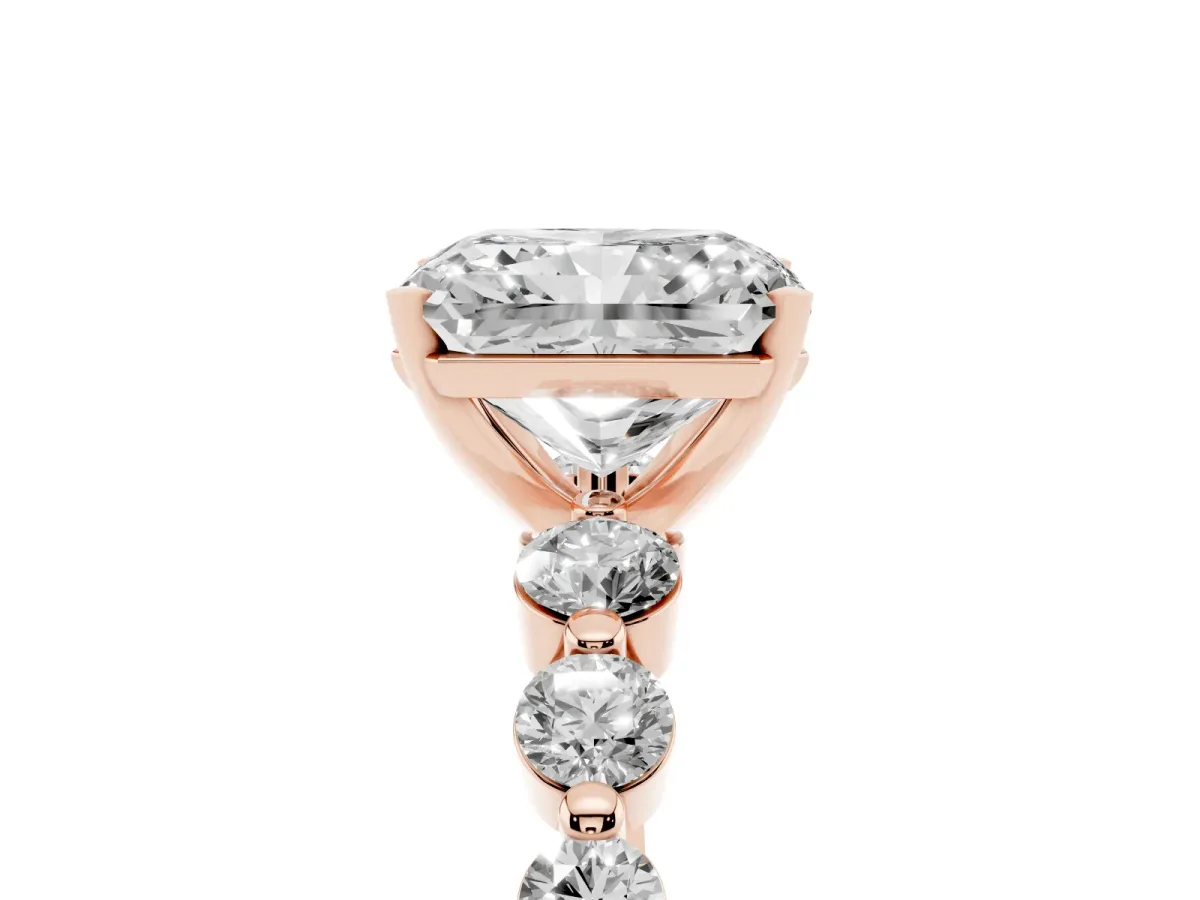 Radiant Cut Solitaire Diamond Ring with Pave Band and Four-Prong Setting Rose gold