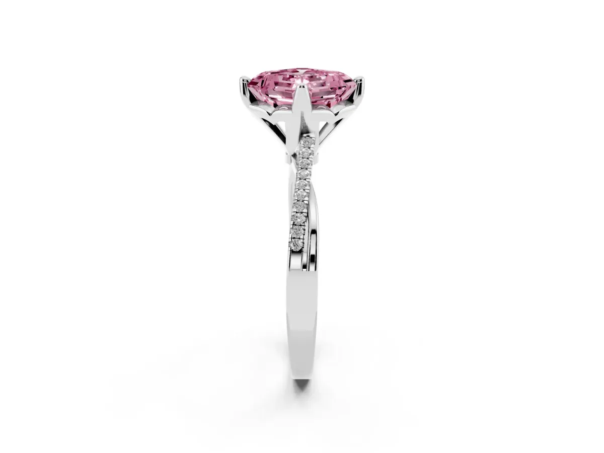 Fancy Pink Asscher Cut Solitaire Twist Band with Pavé Diamonds and Four-Prong Setting White gold