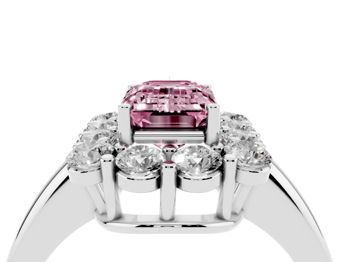 Fancy Pink Emerald Cut Halo Cluster Diamond Engagement Ring with Prong Setting and Polished Band Silver