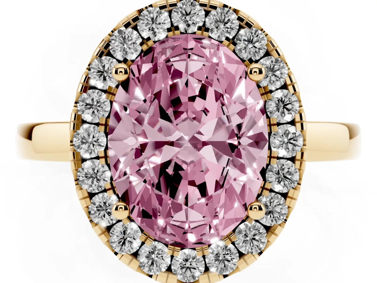 Fancy Pink Oval Cut Halo Diamond Solitaire with Pavé Band and Four-Prong Setting Yellow gold