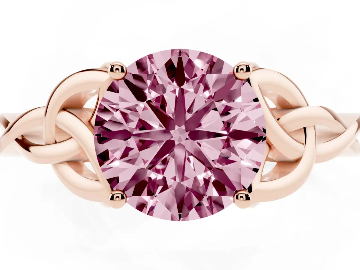 Fancy Pink Round Cut Diamond Solitaire Engagement Ring with Celtic Knot Band and Four-Prong Setting Rose gold