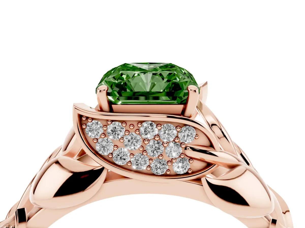 Fancy Green Radiant Cut Diamond Leaf-Inspired Engagement Ring with Round Accents and Prong Setting Rose gold