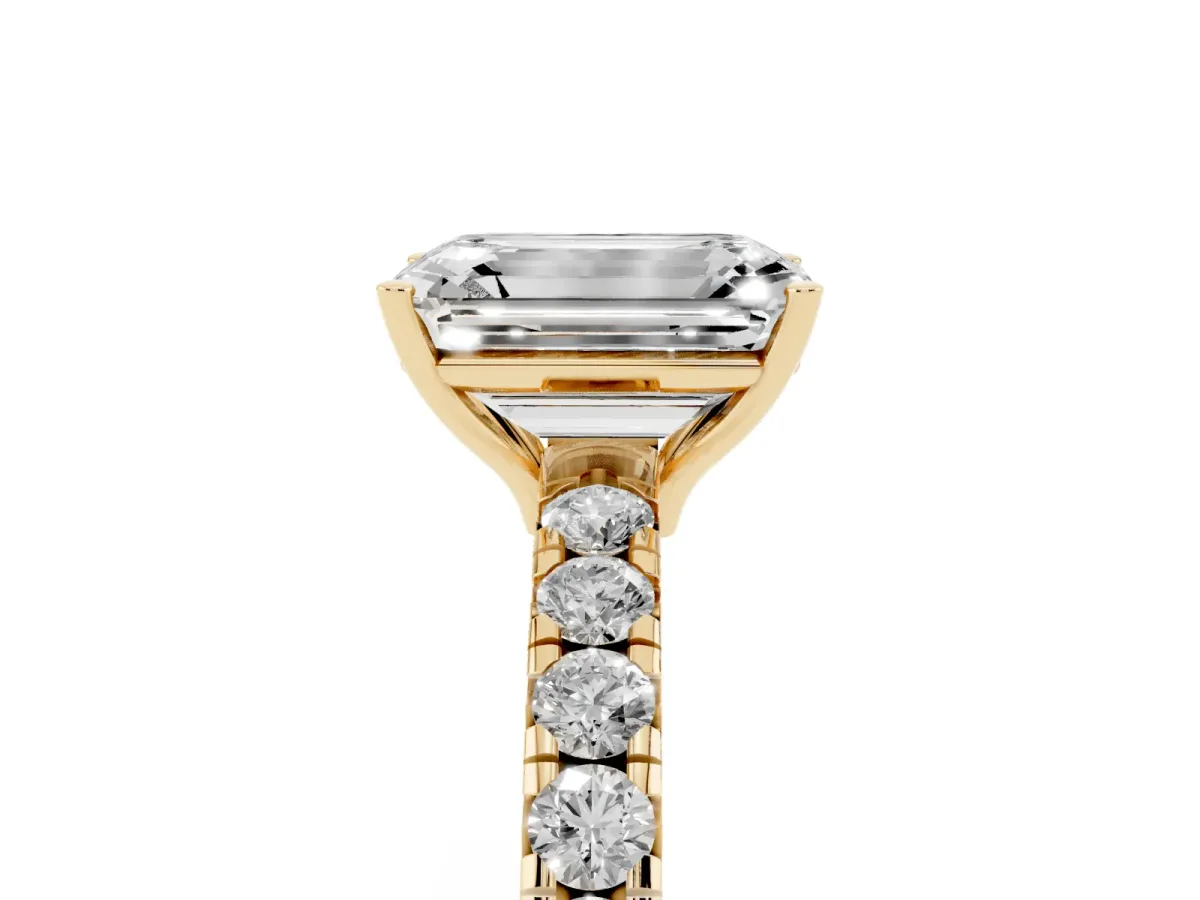 Emerald Cut Diamond Pavé Solitaire Engagement Ring with Four-Prong Setting Yellow gold