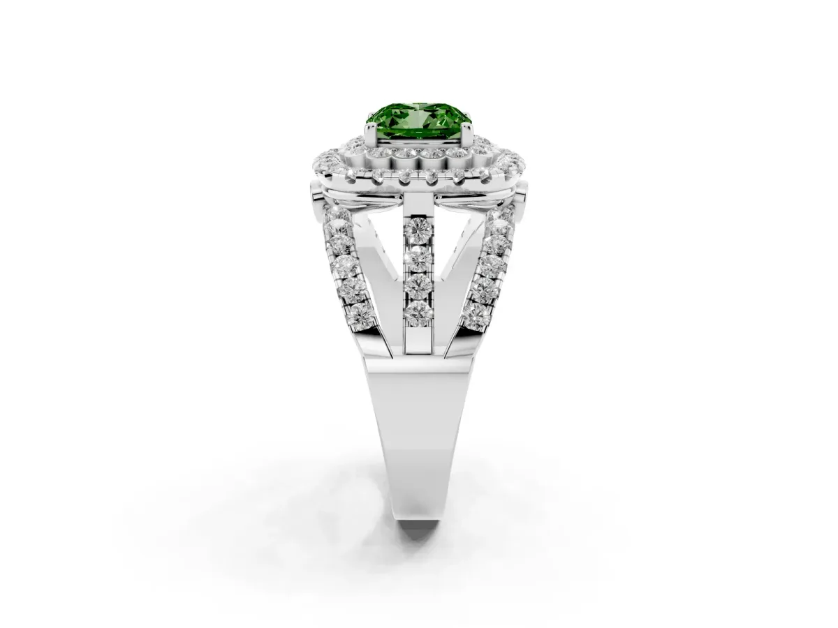 Fancy Green Cushion Cut Diamond Double Halo Ring with Round Pavé Split Shank and Prong Setting Silver