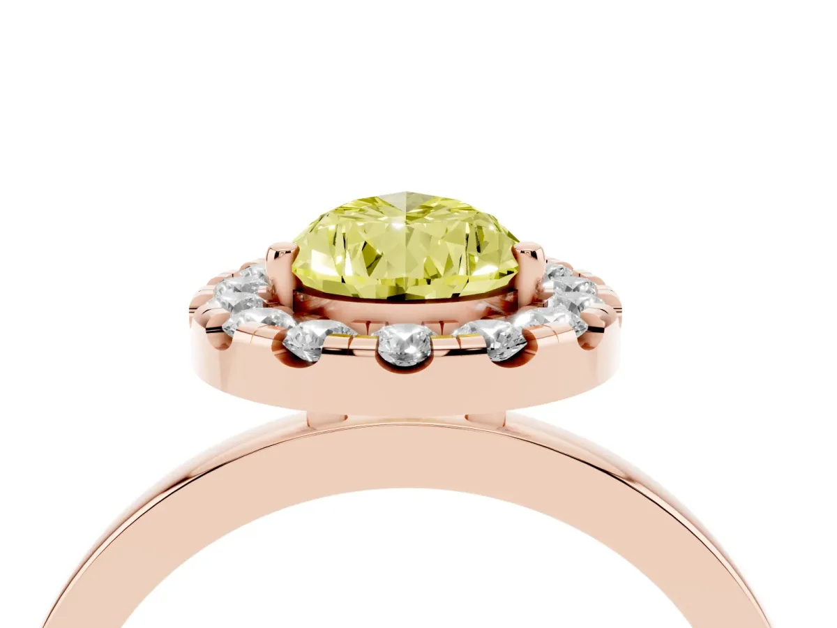 Fancy Yellow Pear Cut Halo Diamond Solitaire with Pavé Band and Four-Prong Setting Rose gold
