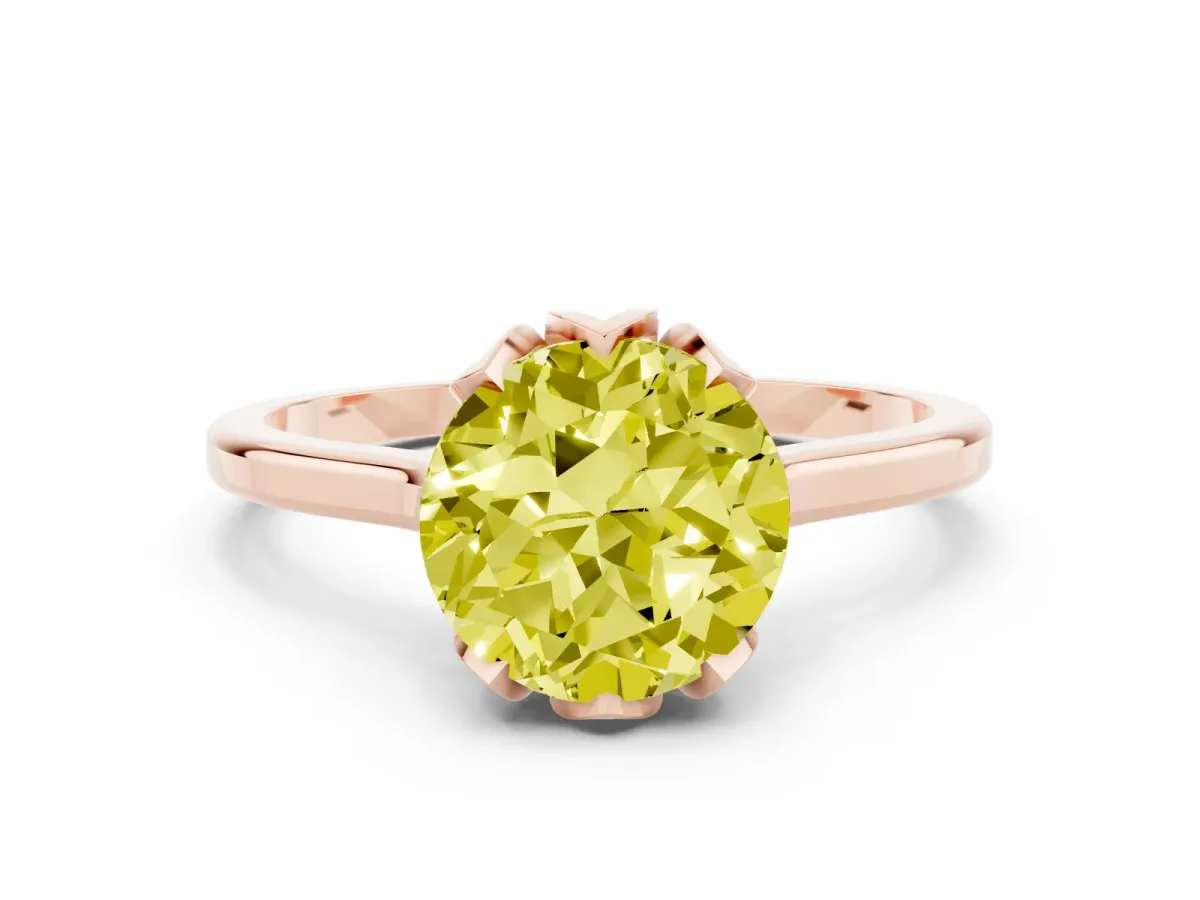 Fancy Yellow Round Cut Diamond Solitaire Ring with Flower Prong Setting and Classic Band Rose gold