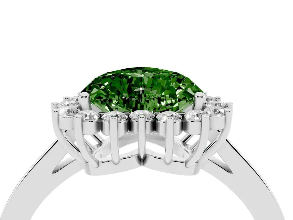 Fancy Green Heart Cut Cut Diamond Halo Ring with Round Brilliant Halo and Solitaire Band Silver
