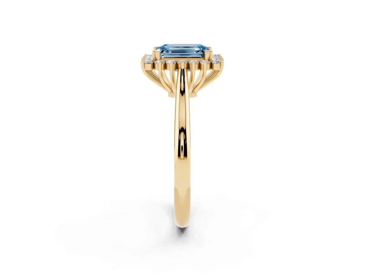 Fancy Blue Emerald Cut Cut Diamond Halo Ring with Solitaire Band and Prong Setting Yellow gold