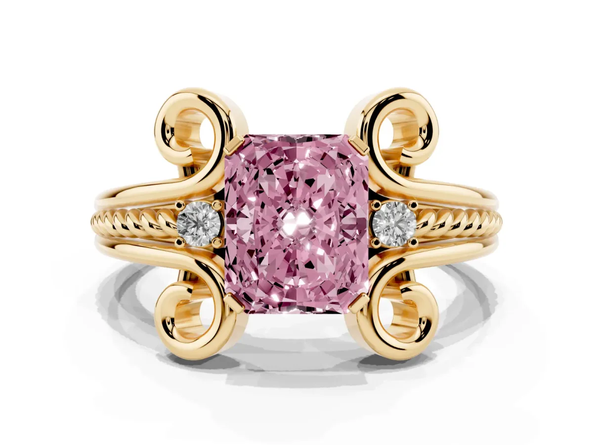 Fancy Pink Radiant Cut Solitaire Twisted Band Scroll Prong Ring Yellow gold