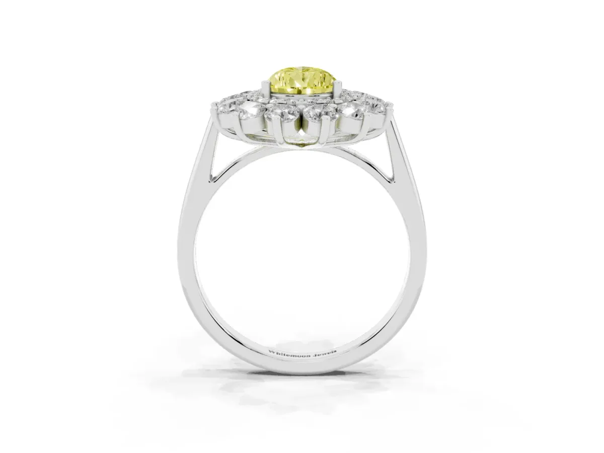 Fancy Yellow Pear Cut Diamond Floral Double Halo Engagement Ring with Prong Setting Silver