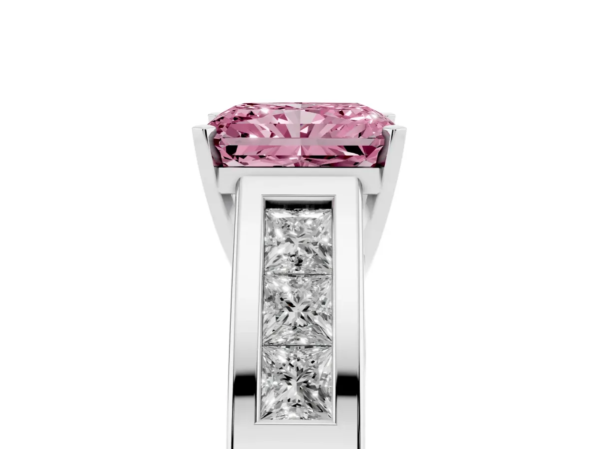 Fancy Pink Radiant Cut Cut Channel Set Solitaire Ring with Four-Prong Setting Platinum