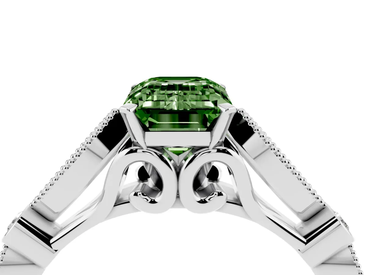 Fancy Green Emerald Cut Cut Diamond with Milgrain Marquise and Bezel Accents on a Solitaire Band with Prong Setting Silver