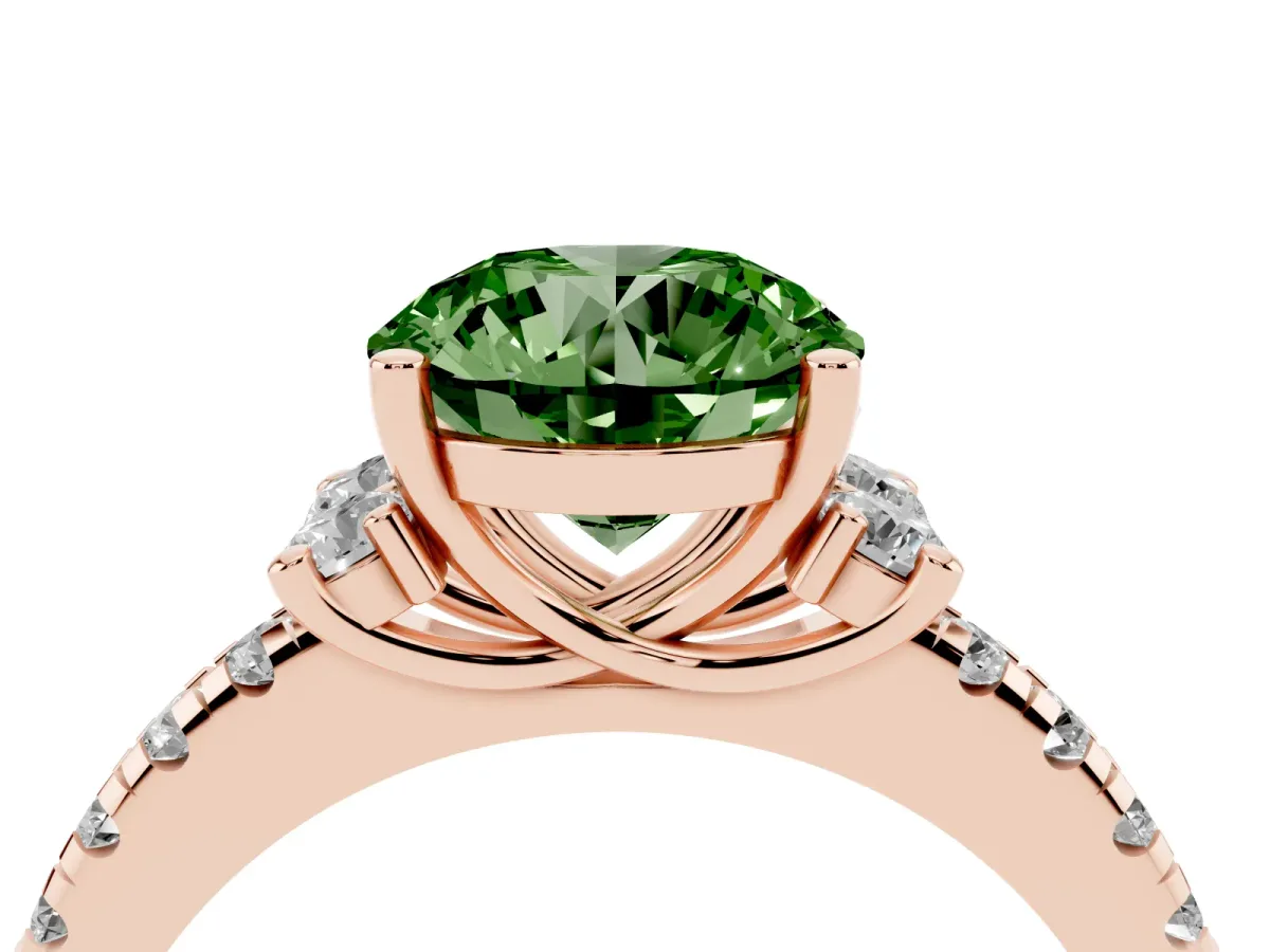 Fancy Green Round Cut Diamond Three-Stone Pave Band with Four-Prong Setting Rose gold