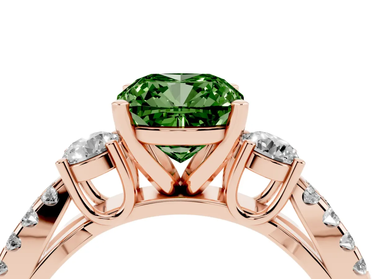 Fancy Green Cushion Cut Diamond Three-Stone Ring with Pavé Split Shank and Four-Prong Setting Rose gold