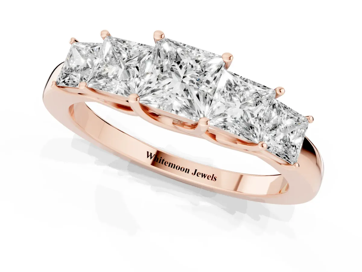 Princess Cut Five-Stone Diamond Ring with Classic Prong Setting Rose gold