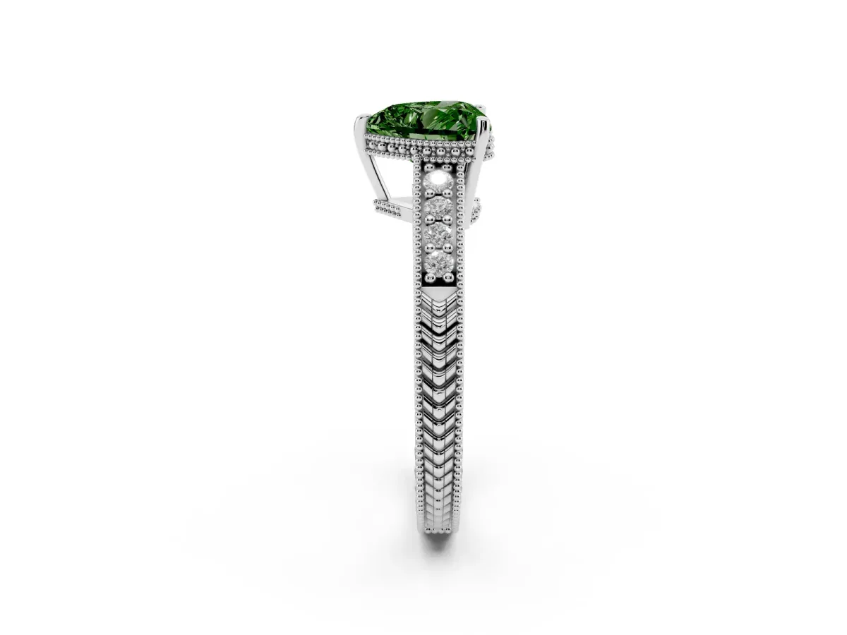 Fancy Green Heart Cut Solitaire Pavé Diamond Milgrain Engagement Ring with Four-Prong Setting Silver