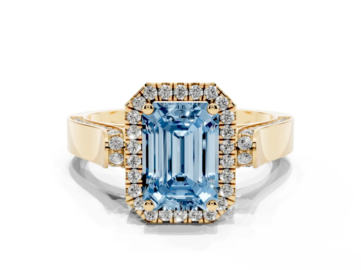 Fancy Blue Emerald Cut Halo Pave Split Shank Prong Setting Ring Yellow gold