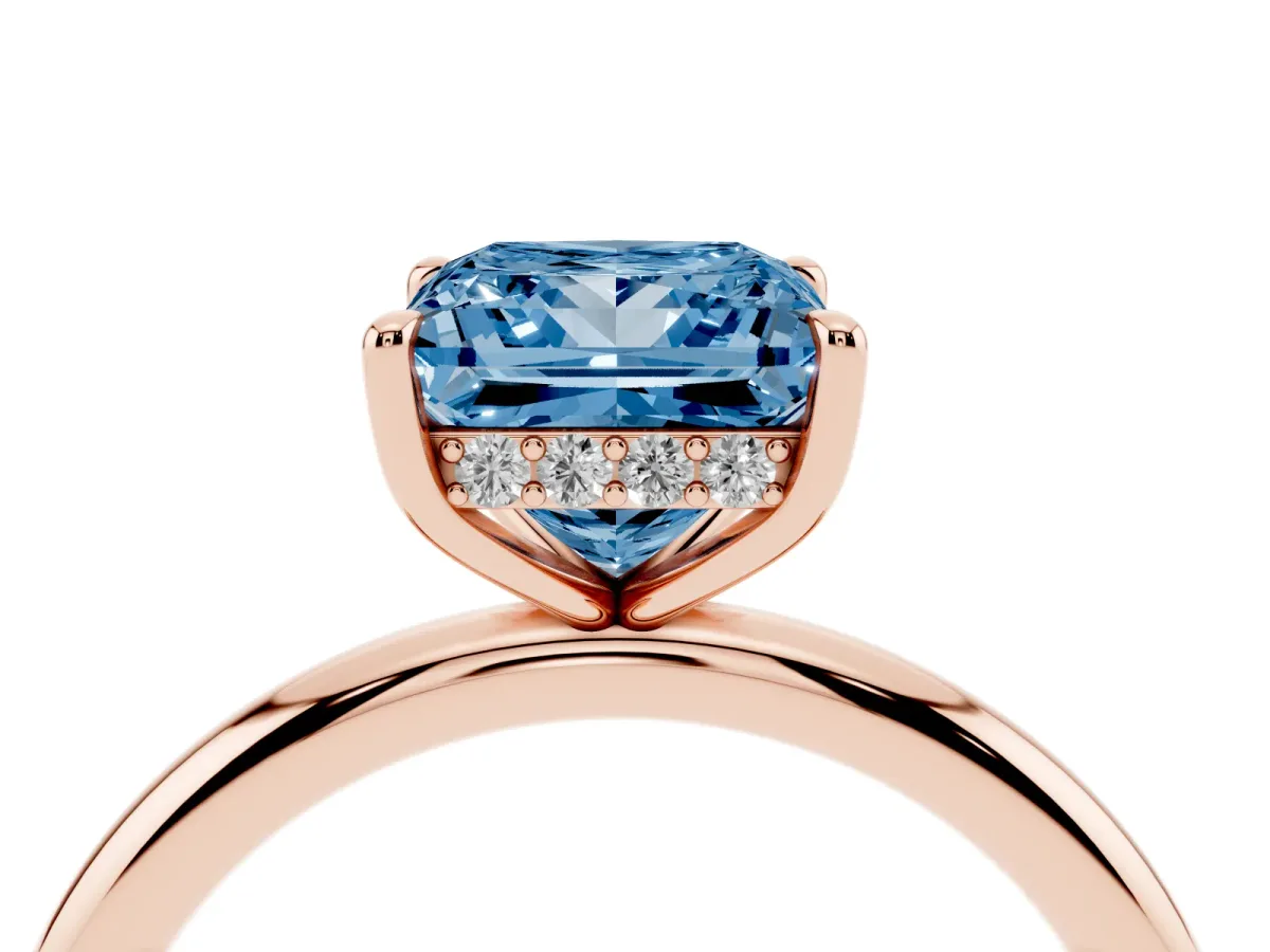 Fancy Blue Princess Cut Diamond Solitaire Ring with Thin Band and Four-Prong Setting Rose gold