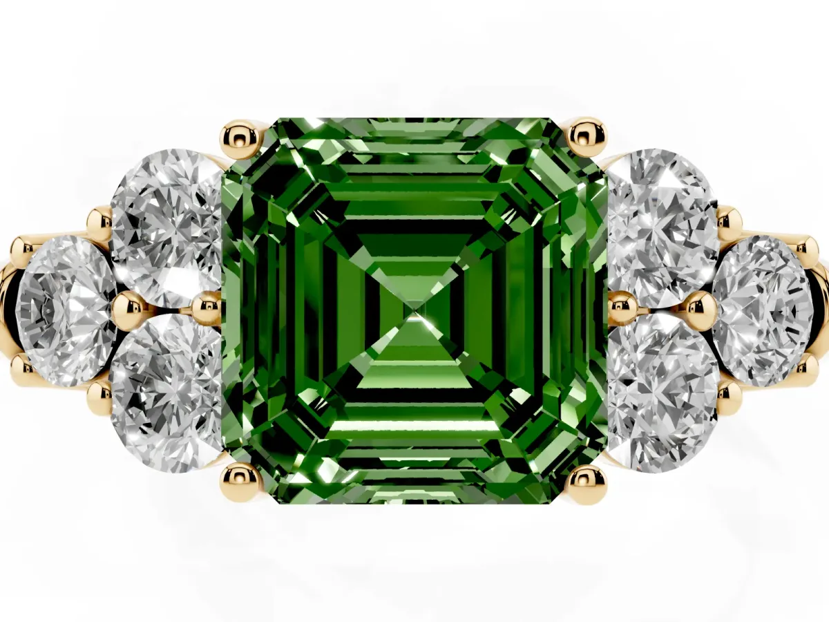 Fancy Green Asscher Cut Cut Diamond Cluster Ring with Round Accent Stones and Prong Setting on a Classic Band Yellow gold