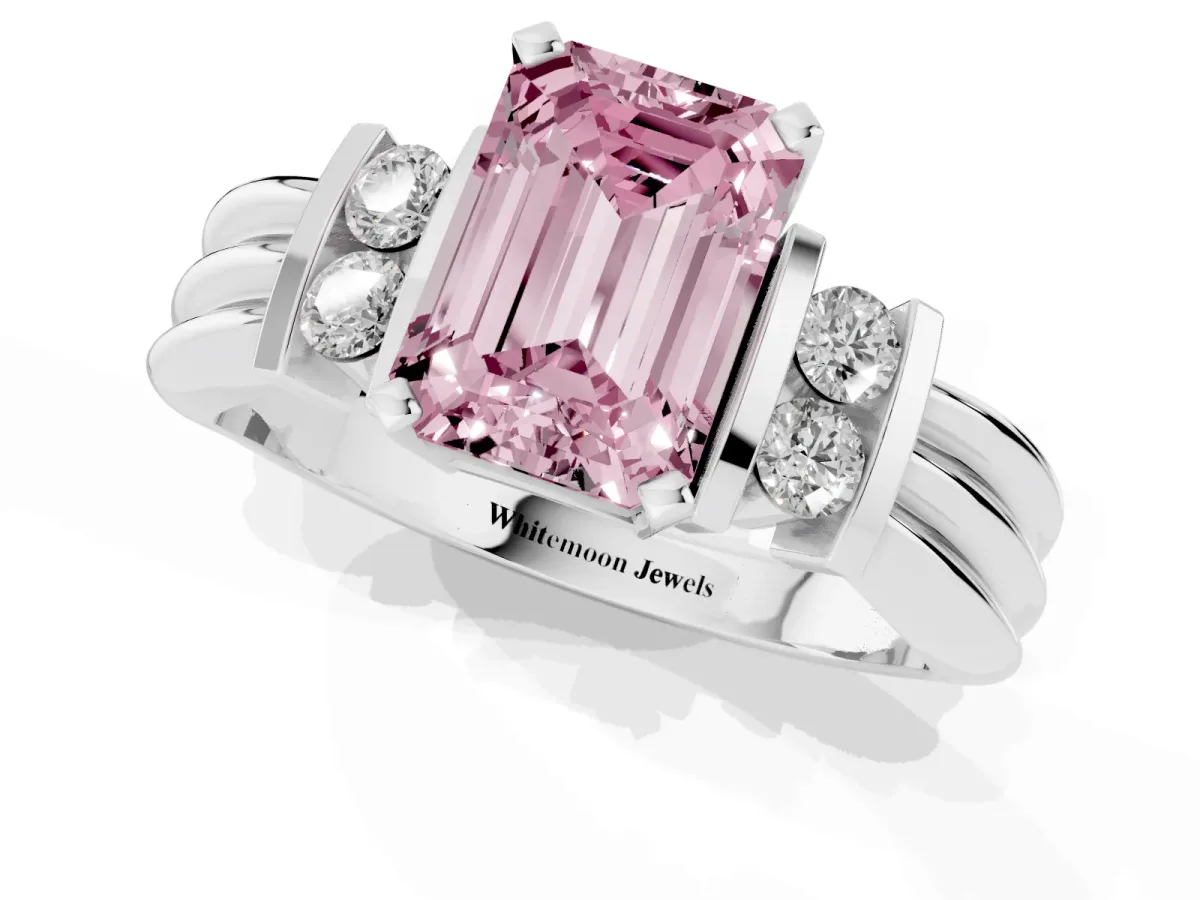 Fancy Pink Emerald Cut Cut Three-Stone Channel Set Ring with Bar Prongs Silver