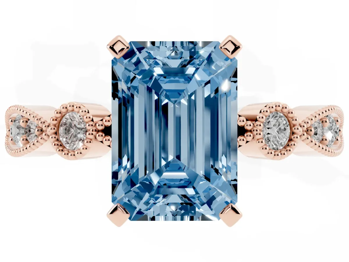 Fancy Blue Emerald Cut Milgrain Bezel Diamond Engagement Ring with Solitaire Prong Setting Rose gold